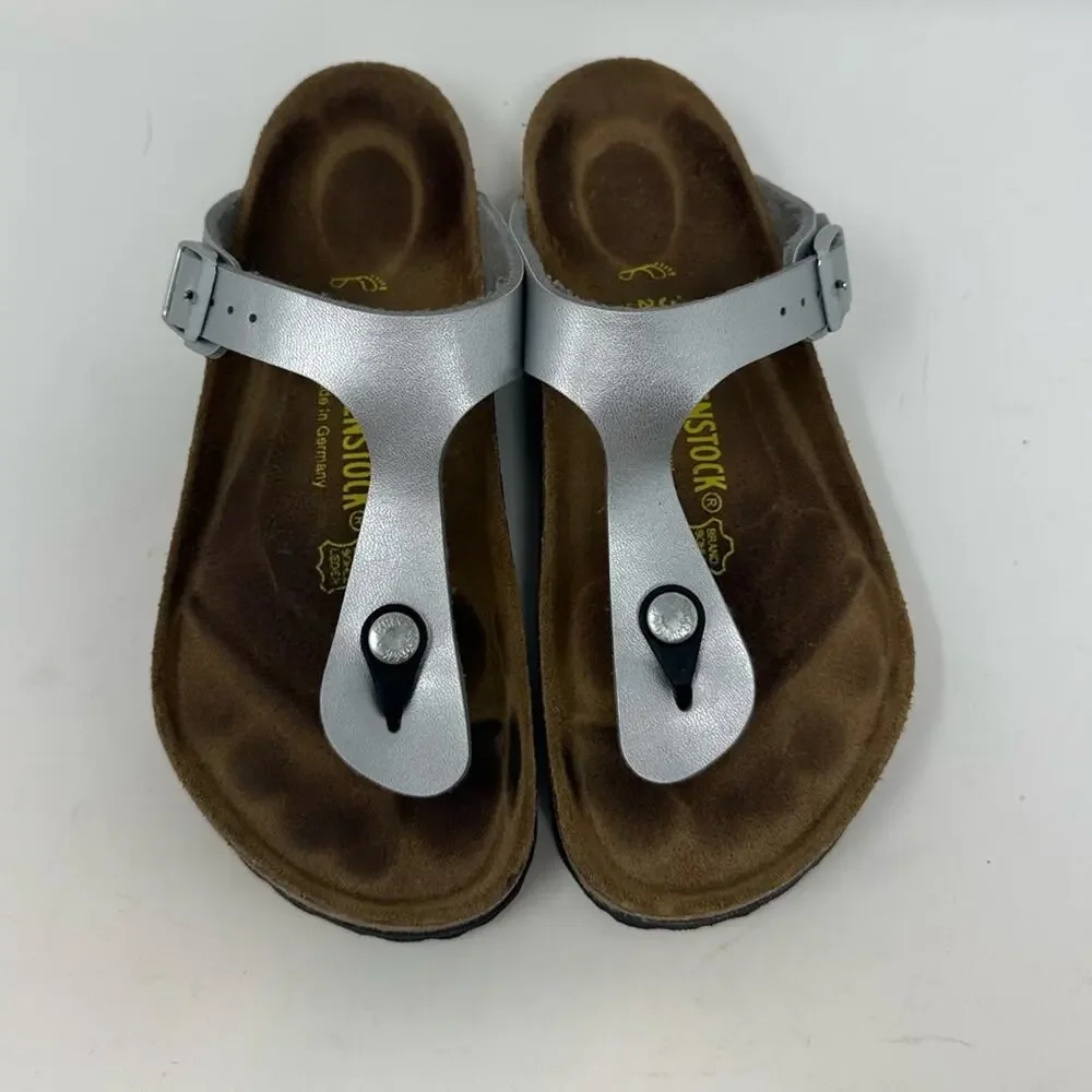 Birkenstock Gizeh Thong Sandals Leather Birko-Flor Silver Women’s 37 6-6.5